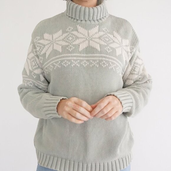 Vintage Eddie Bauer Sage & White 100% Cotton Snowflakes Turtleneck Sweater M - Picture 2 of 11